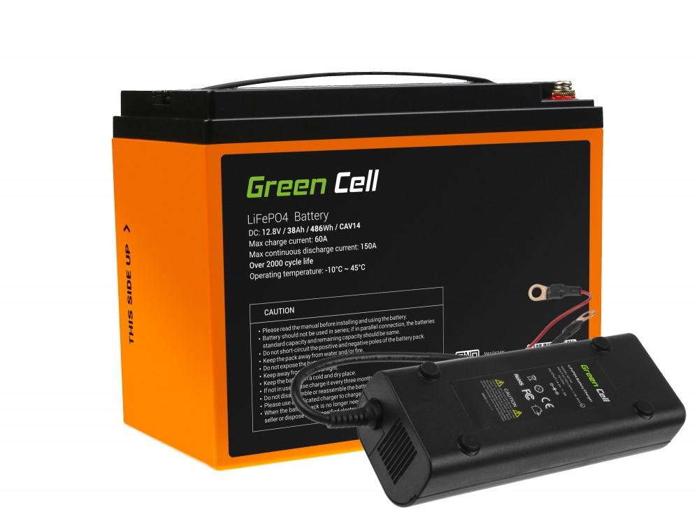 Green Cell Akumulator litowo-żelazowo-fosforanowy LiFePO4 Green Cell 12.8V 38Ah z ładowarką 8A do paneli solarnych, kamperów oraz łodzi CAV14