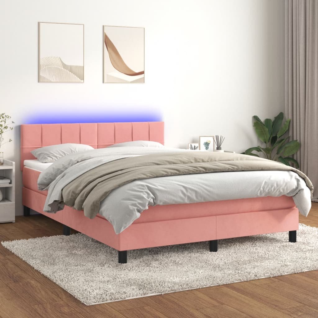 Łóżko kontynentalne z materacem i LED, różowy aksamit 140x200cm Lumarko