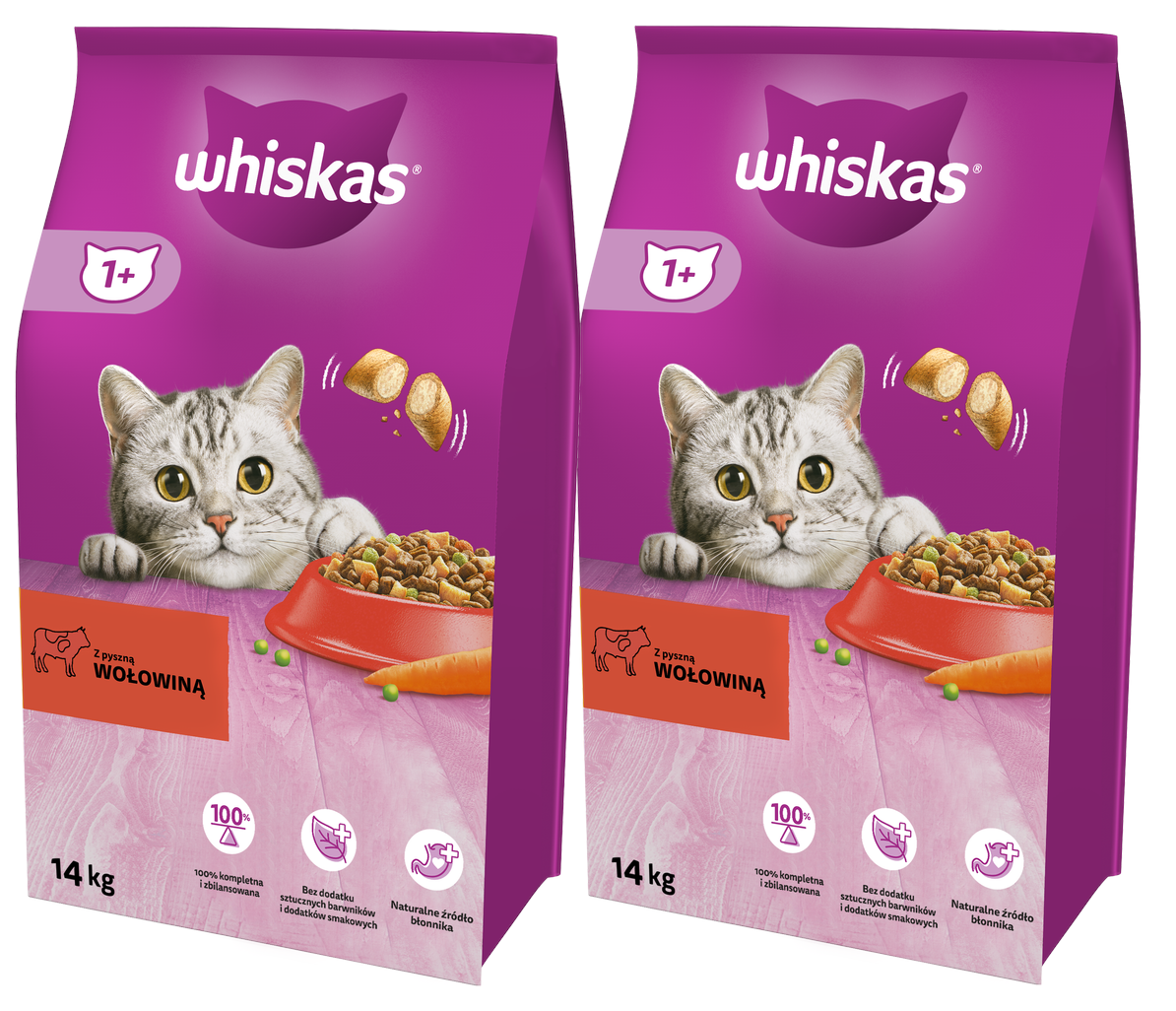 WHISKAS Adult 2x14 kg - sucha karma dla dorosłego kota, z pyszną wołowiną