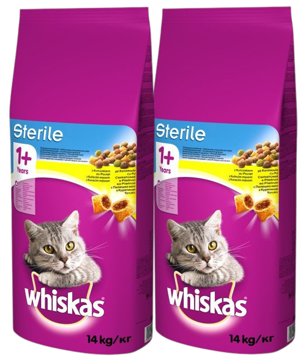 WHISKAS Sterile 2x14 kg - sucha karma dla dorosłego kota po zabiegu kastracji, z pysznym kurczakiem