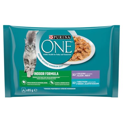 Purina karma dla kotów ONE Indoor mini filety z tuńczykiem z zieloną fasolą i cielęciną z marchewką w sosie 12x 4x85 g