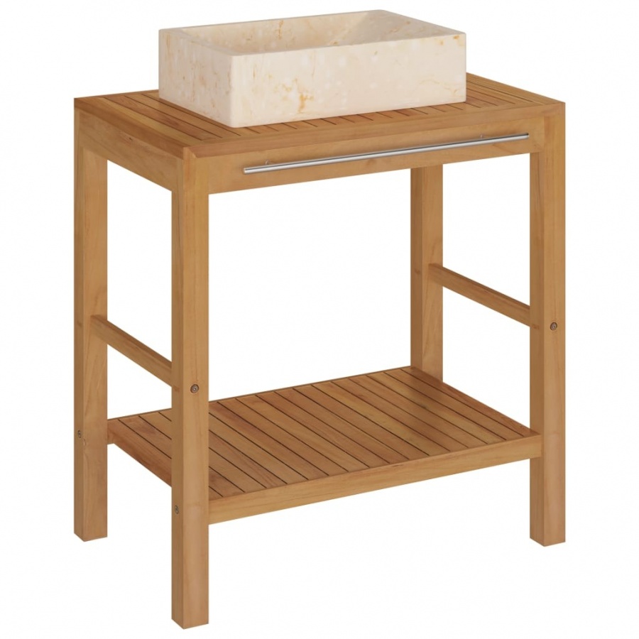 Szafka łazienkowa z marmurową, kremową umywalką, drewno tekowe V-3058160