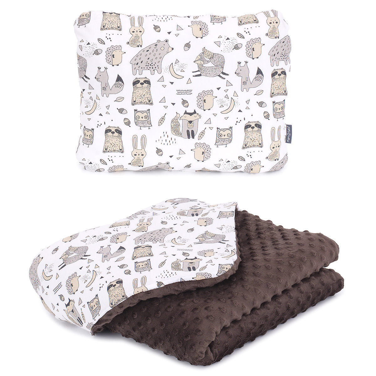 MAMO-TATO Komplet Kocyk Minky 75X100 PREMIUM + Poduszka - Bór beż / brązowy - letni