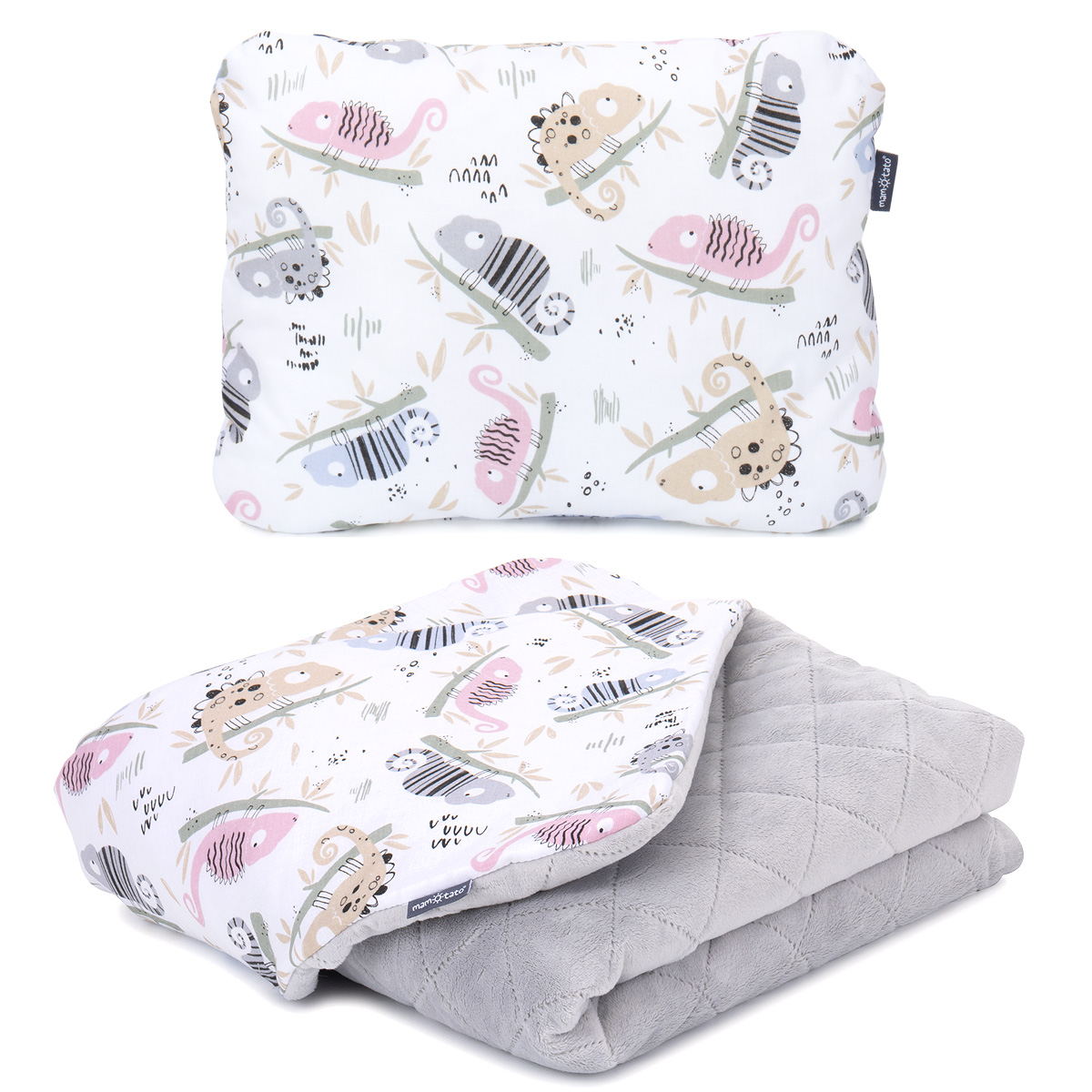 MAMO-TATO Komplet Kocyk Minky PIK 75X100 + Poduszka - Kameleon beż / jasny szary - ocieplony