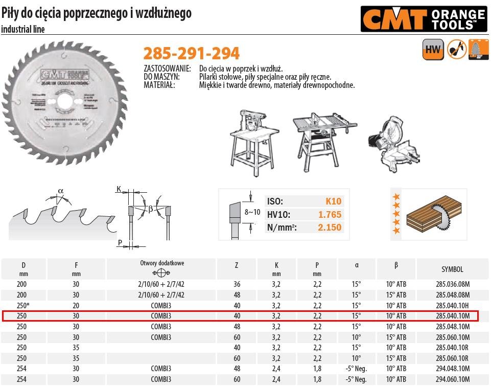 CMT PIŁY DO CIĘCIA POPRZECZNEGO I WZDŁUŻNEGO Art. 285-291-294 285.040.10M