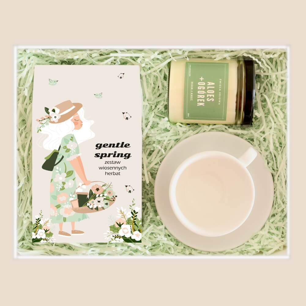 Zestaw prezentowy Wiosenny Box GENTLE SPRING. 10 sypanych herbat 5/8g z poręcznym zaparzaczem z zawieszką, aromatyczna sojowa świeca ALOES+OGÓREK i ..