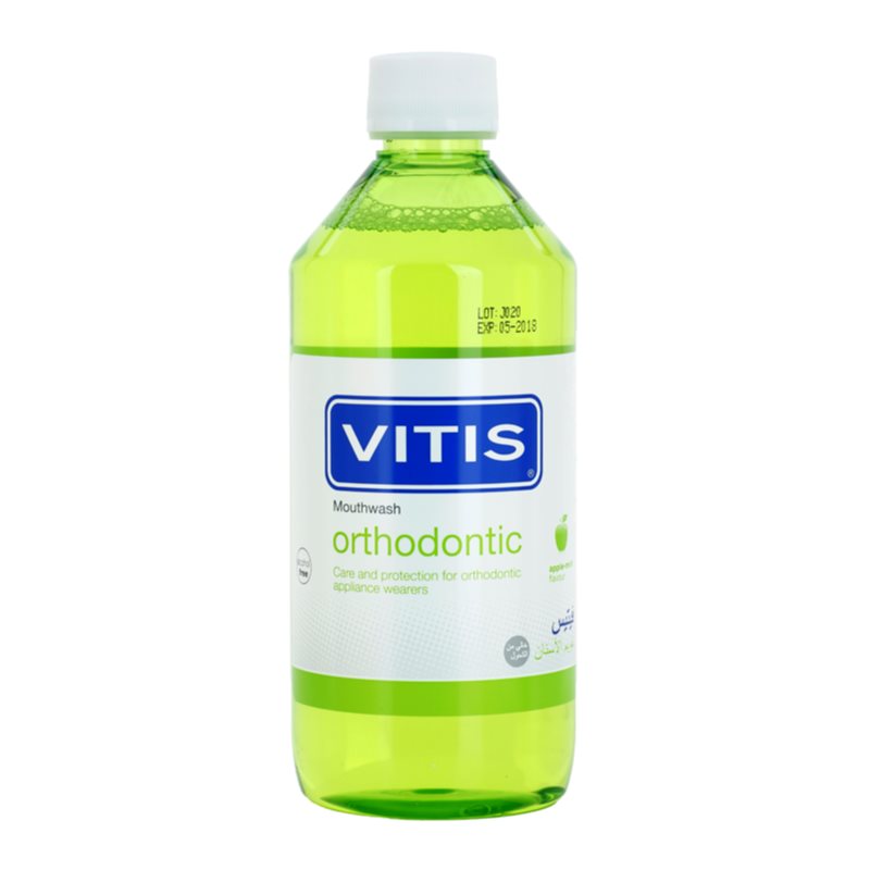 Vitis Vitis Orthodontic płyn do płukania jamy ustnej dla osób noszących aparaty ortodontyczne smak Apple Mint 500 ml