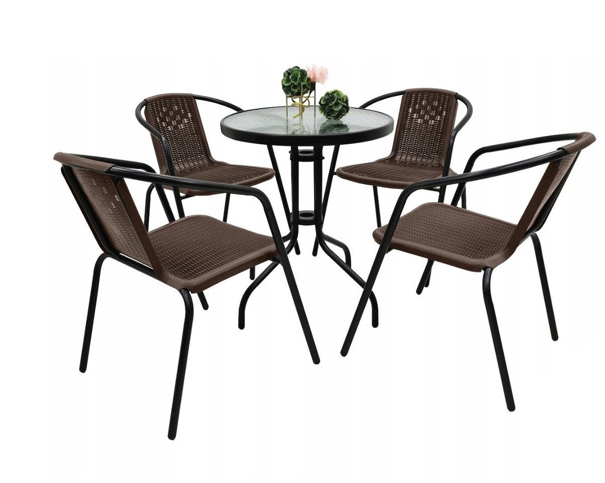Zestaw ogrodowy kawowy na taras dla 4 osób stół fi60 i krzesła brązowy