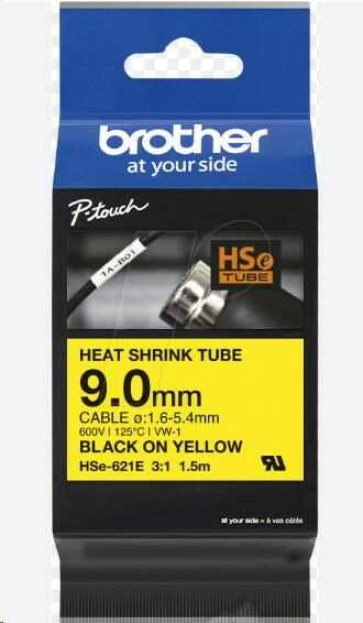 Brother HSE-621E, 9 mm x 1.5. m, černý tisk / žlutý podklad , originální páska