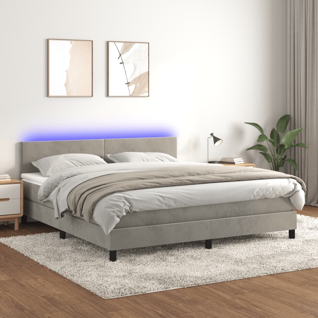 Łóżko kontynentalne z materacem i LED, szare 180x200cm, aksamit Lumarko