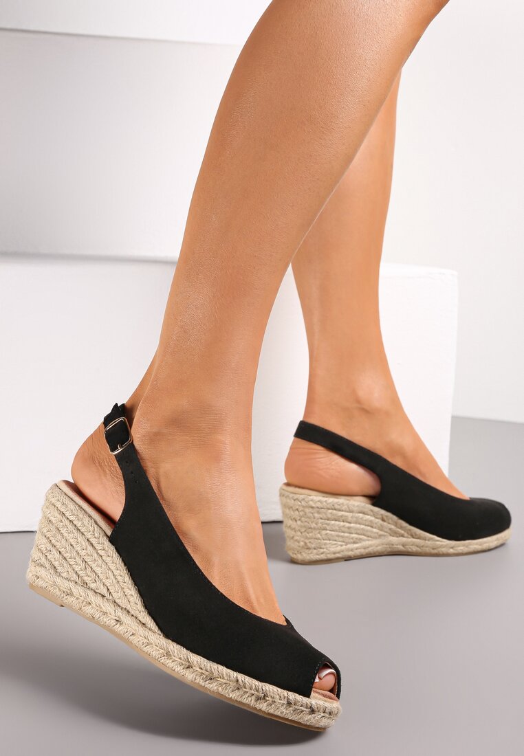 Czarne Sandały na Plecionej Koturnie Evetra