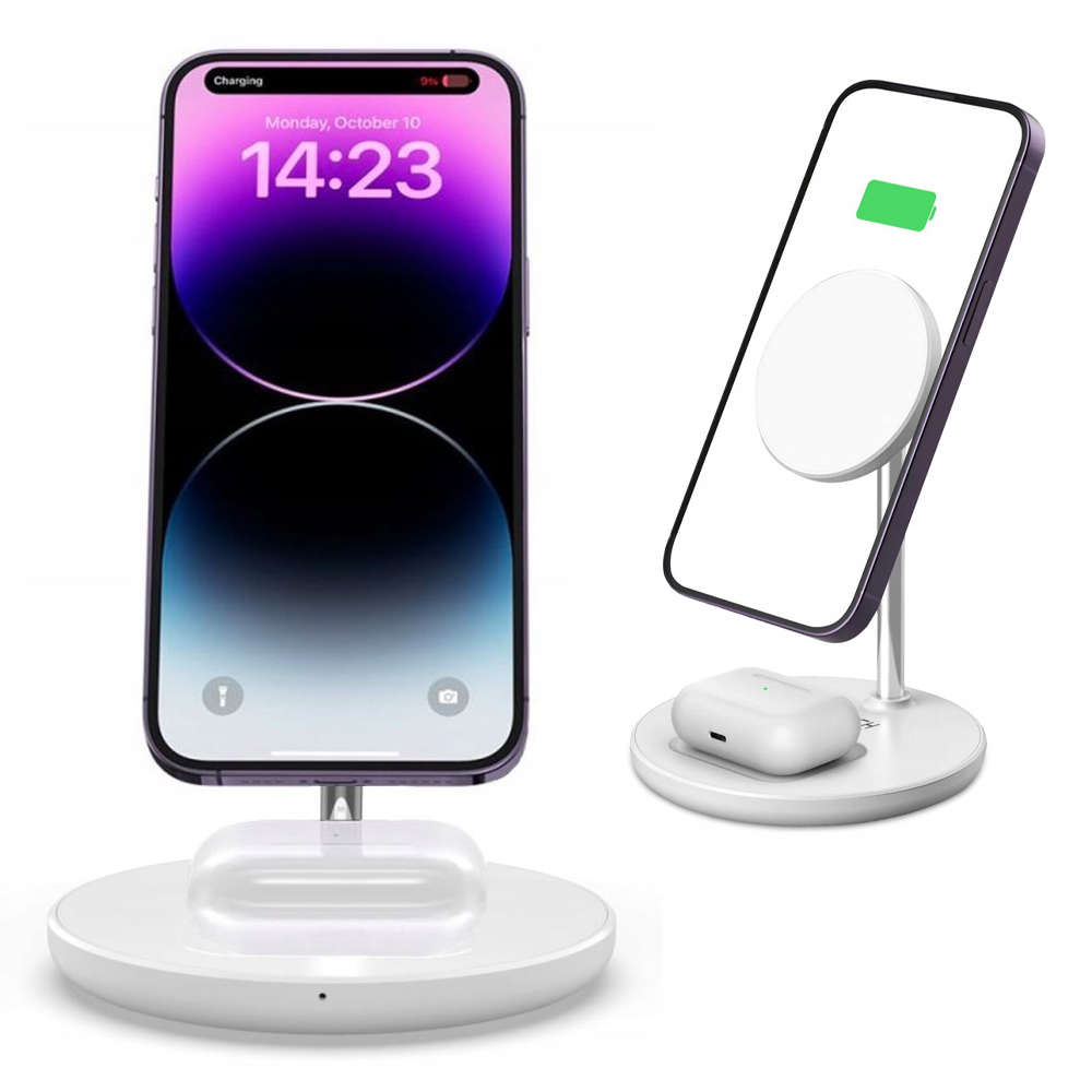 4KOM.PL Ładowarka bezprzewodowa 2w1 QI 15W 2in1 Magnetic MagSafe Wireless Charger do Apple iPhone AirPods Biała