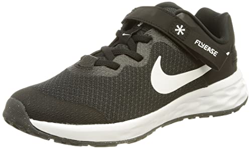 NIKE Boy's Revolution 6 Flyease Sneaker, Czarny biały Dk dym szary, 38.5 EU