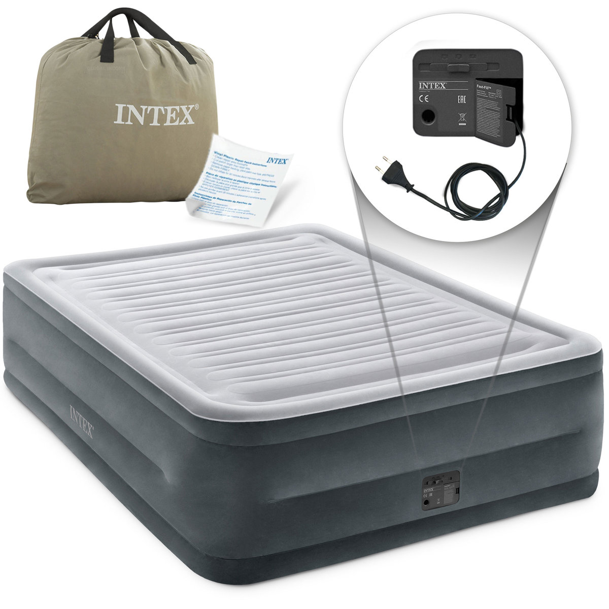 Intex Materac Dmuchany Welurowy Łóżko 203x152x56 Intex 64418 z Pompką 230V MUMO64418+67121SZARA