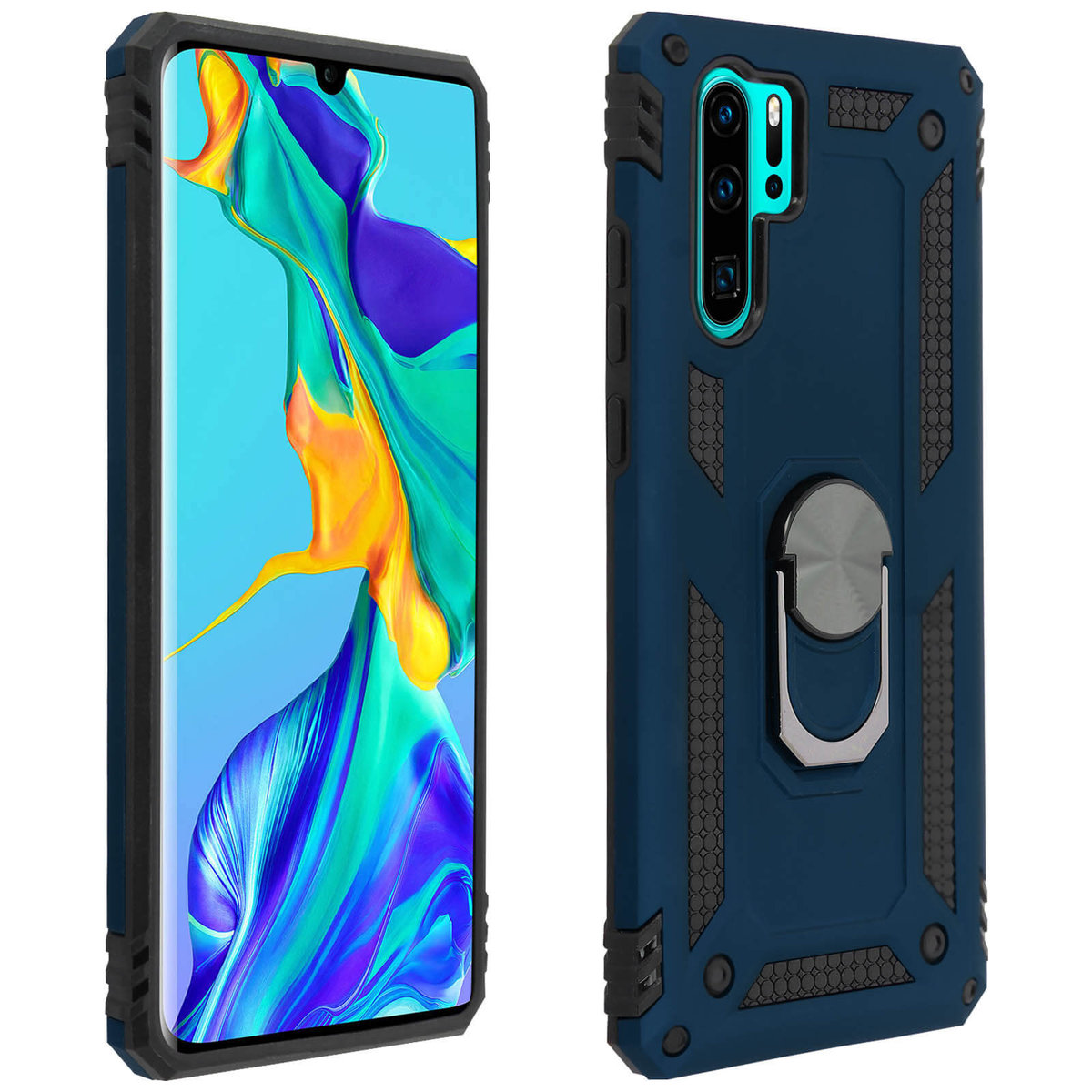 Etui Huawei P30 Pro Bi Material Sztywne Miękkie Magnetyczne Pierścień Podstawka Ciemnoniebieskie
