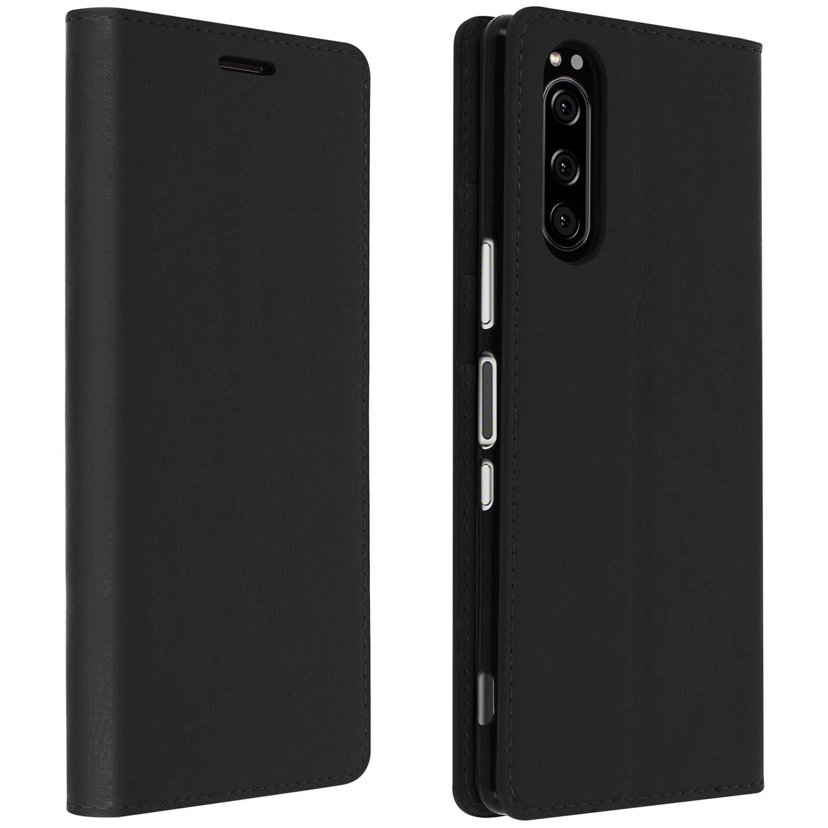 Avizar Folio z prawdziwej skóry Sony Xperia 5 z uchwytem na kartę Podstawka wideo w kolorze czarnym