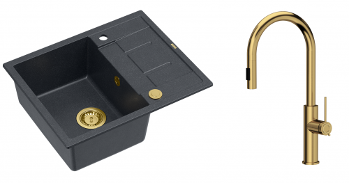 Quadron Unique Zlewozmywak granitowy jednokomorowy 62*50*22 cm z ociekaczem MORGAN 116 BLACK DIAMOND z syfonem Push-2-Open w kolorze złotym z baterią JENNIFER Q LINE SLIM z wyciąganą wylewką i funkcją prysznica kolor złoty