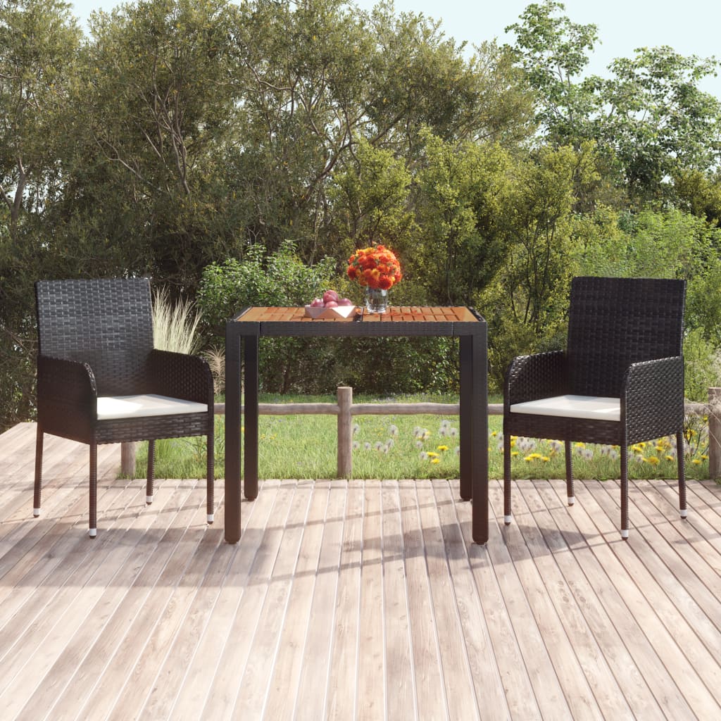 vidaXL Stół ogrodowy, drewniany blat, czarny, 90x90x75 cm, rattan PE