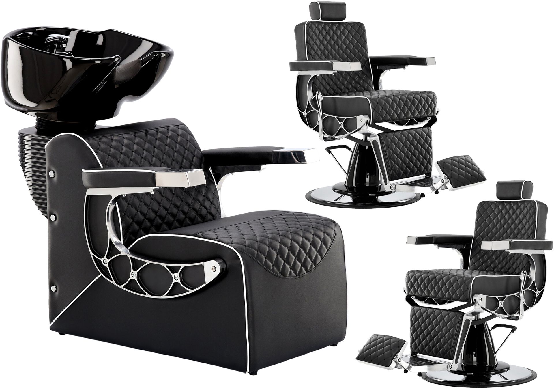 Connor zestaw myjnia fryzjerska i 2x fotel barberski hydrauliczny obrotowy podnóżek do salonu fryzjerskiego myjka ruchoma misa ceramiczna armatura bateria słuchawka