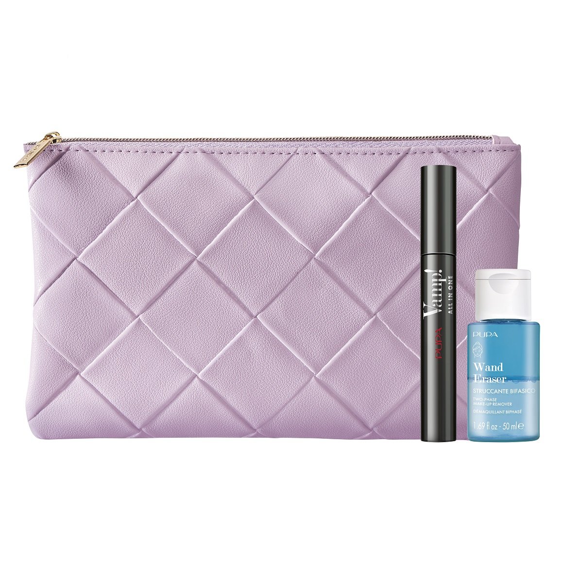 Pupa Vamp! zestaw: kopertówka + mascara Vamp! All in One 9ml + płyn do demakijażu Wand Eraser 50ml