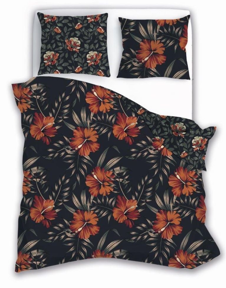 Pościel z satyny bawełnianej, 160x200, brązowa w kwiaty, PEP-58, 3-częściowa