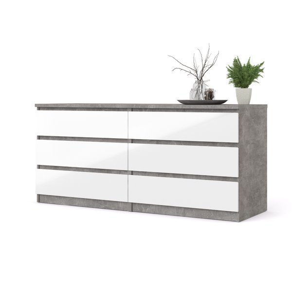 Komoda TVILUM Naia 6S, biała połysk/beton, 71x154x50 cm