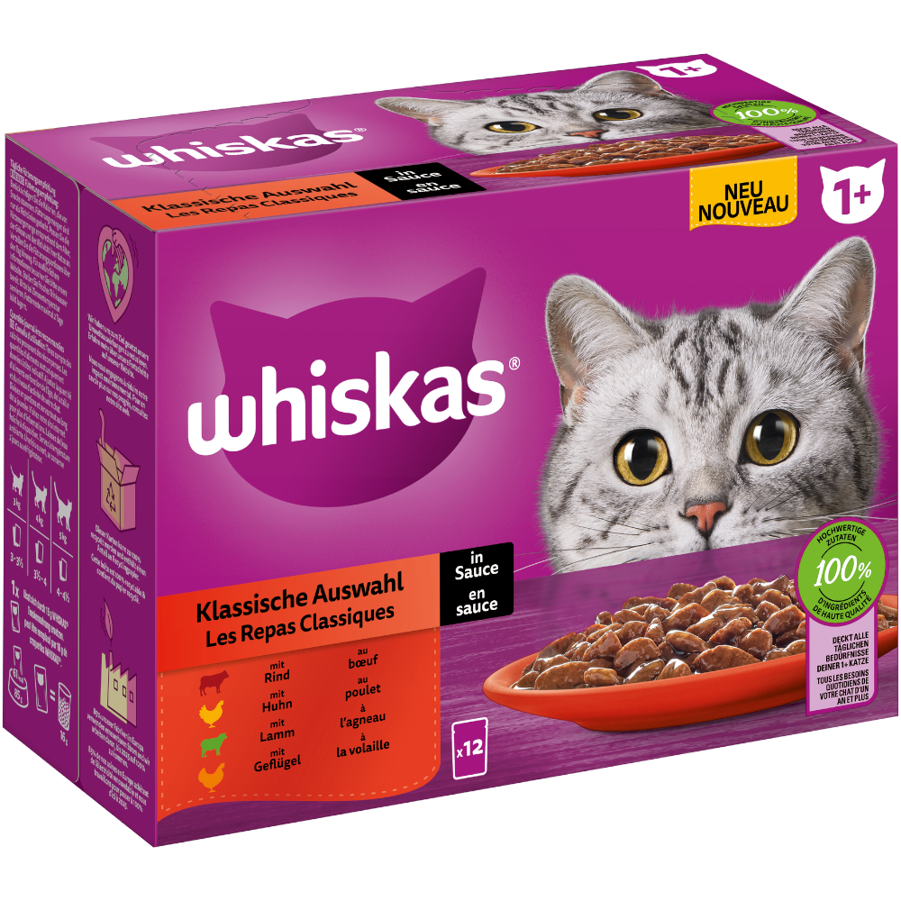 Whiskas 1+ Adult, saszetki, 12 x 85 g - Wybór dań klasycznych w sosie