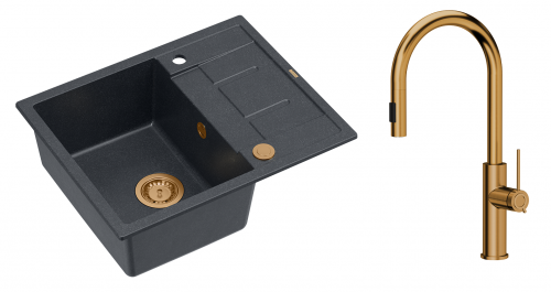 Quadron Unique Zlewozmywak granitowy jednokomorowy 62*50*22 cm z ociekaczem MORGAN 116 BLACK DIAMOND z syfonem Push-2-Open w kolorze miedzianym z baterią JENNIFER Q LINE SLIM z wyciąganą wylewką i funkcją prysznica kolor miedziany