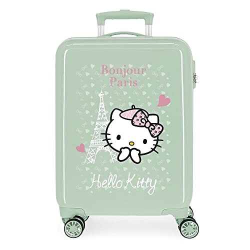 Hello Kitty Paryż Walizka kabiny Zielony 38x55x20 cms Sztywne ABS Zamknięcie szyfrowe boczne 34L 2 kg 4 koła Podwójne bagaż ręczny, Zielony, Maleta, Walizka kabinowa