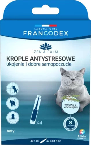 FRANCODEX Krople antystresowe z kocimiętką dla kotów, 4 x