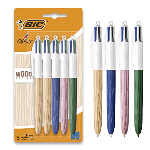BIC 4 kolorowe długopisy z efektem drewna, wielokolorowe długopisy All in One, chowane długopisy, średnie 1,0 mm, zielony, niebieski, czerwony, czarny, 5 długopisów w opakowaniu, 1 opakowanie