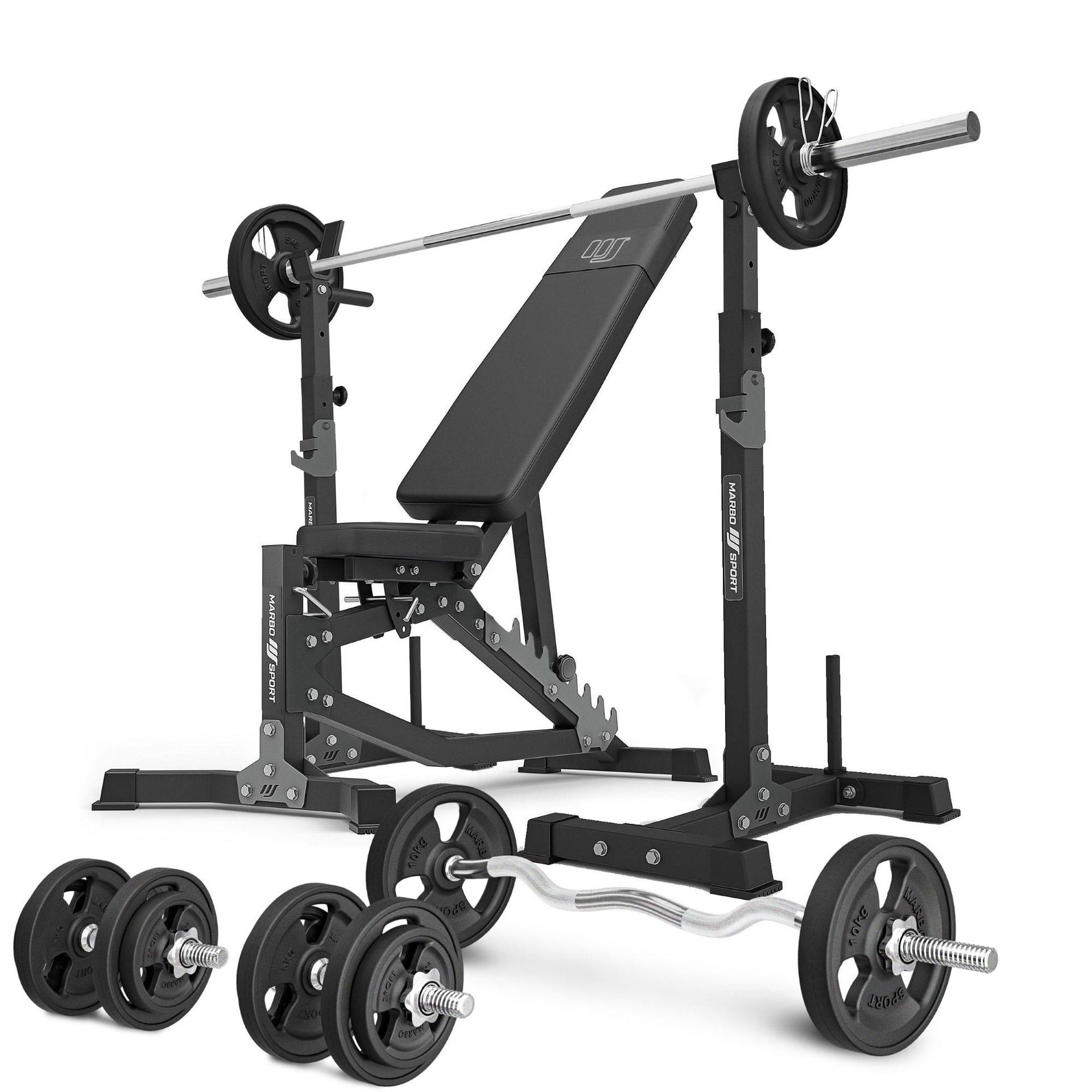 Zestaw MS30_2.0_83KG_G | Dwustronnie regulowana ławka treningowa + wielopoziomowe stojaki (2 sztuki) pod sztangę z asekuracją  + zestaw gryfów i obciążeń gumowanych 83 kg - Marbo Sport