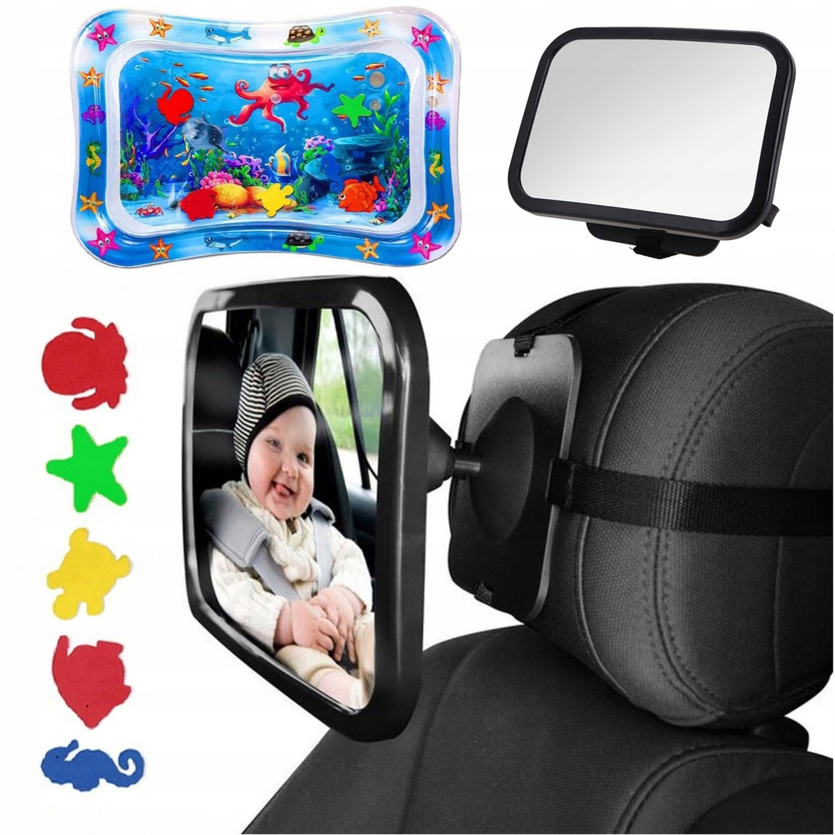Lusterko 360° do obserwacji dziecka w samochodzie + Edukacyjna, sensoryczna, dmuchana mata wodna dla dzieci 65x48cm