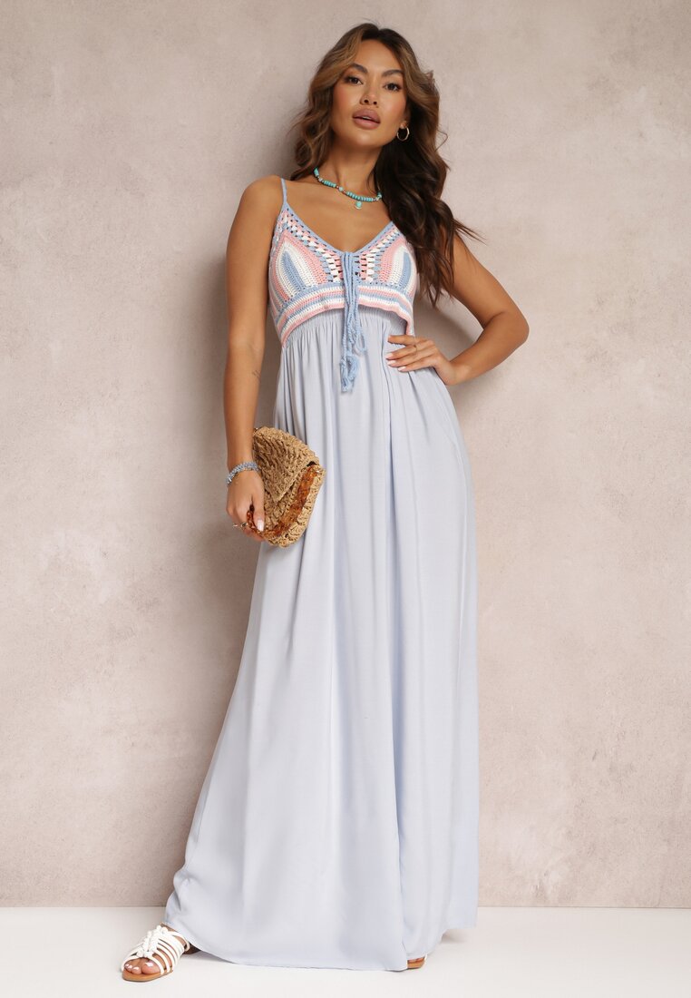 Jasnoniebieska Bawełniana Sukienka Maxi z Szydełkową Górą i Gumkami na Plecach Jennesia