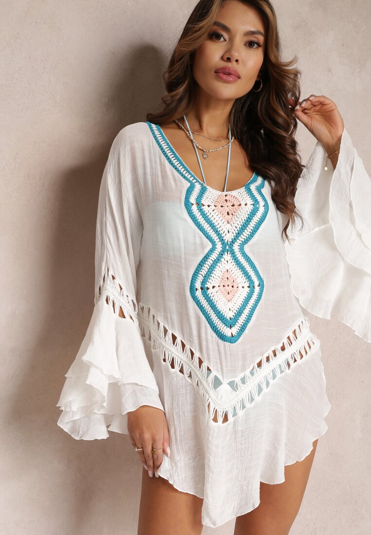 Biała Asymetryczna Tunika z Ażurowymi Wstawkami i Falbankami Hirisa