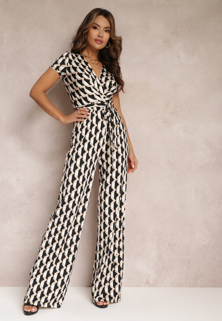 Beżowy Kopertowy Kombinezon w Geometryczny Wzór z Wiązanym Paskiem Anaba