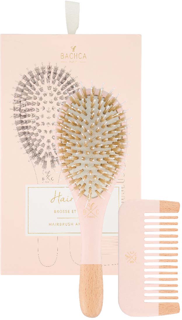 BACHCA Baby Kit Pink Brush 100% boar small size + wooden com - Różowy zestaw dla dzieci - mała szczotka 100% włosie dzika + drewniany grzebień Pink