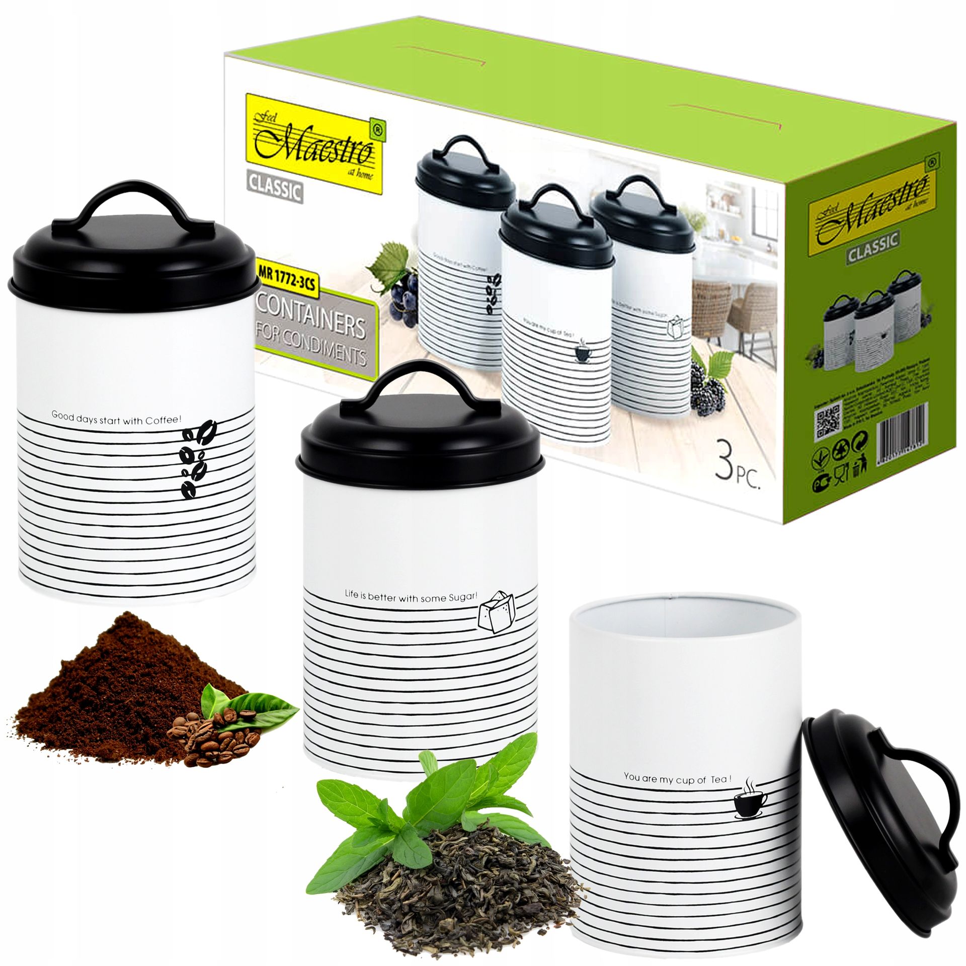 Zestaw Pojemników Komplet Stal Kawa Herbata Cukier
