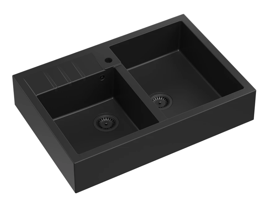 Quadron Unique Zlewozmywak granitowy dwukomorowy nakładany BILL 120 GRANITEQ PURE CARBON z czarnym odpływem