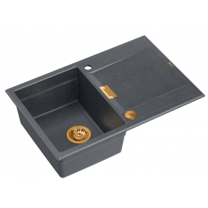 QUADRON OWEN 111 GraniteQ zlewozmywak z syfonem i zaślepką 1-komorowy z/o (760x500x215 kom. 330x430) black diamond / elementy miedziane