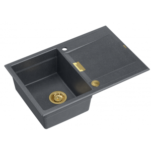 QUADRON OWEN 111 GraniteQ zlewozmywak z syfonem i zaślepką 1-komorowy z/o (760x500x215 kom. 330x430) black diamond / elementy złote