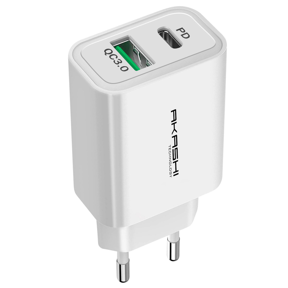 Podwójna ładowarka USB-A QC 3.0 USB-C PD Fast Charge 38W Ładowarka Akashi biała