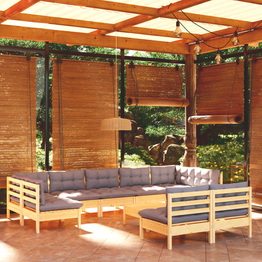 vidaXL 10-cz. zestaw wypoczynkowy do ogrodu, szare poduszki, sosna