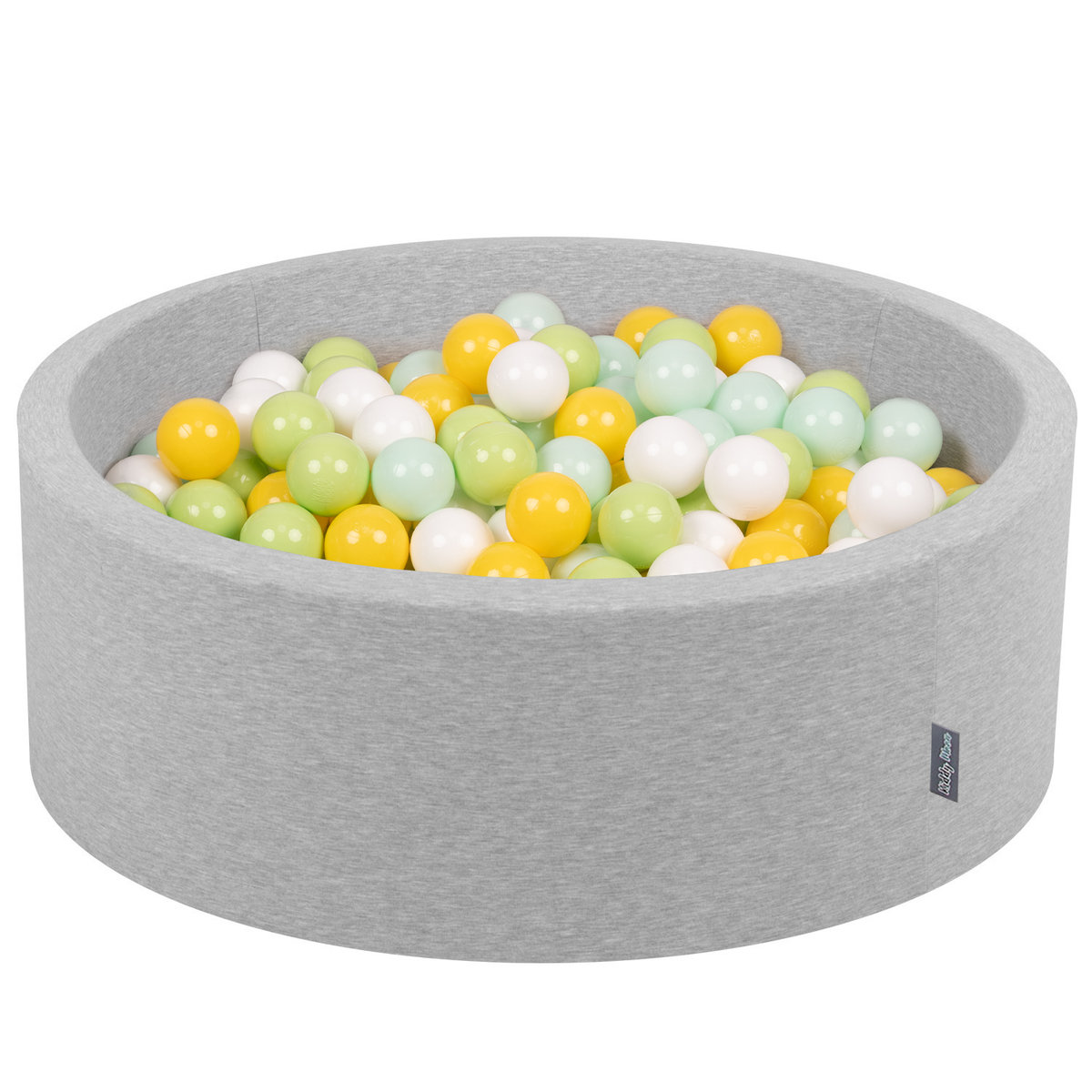 KiddyMoon Suchy basen okrągły z piłeczkami 7cm jasnoszary: biały-mięta-jasny zielony-żółty 90x30cm/200piłek Zabawka basen piankowy