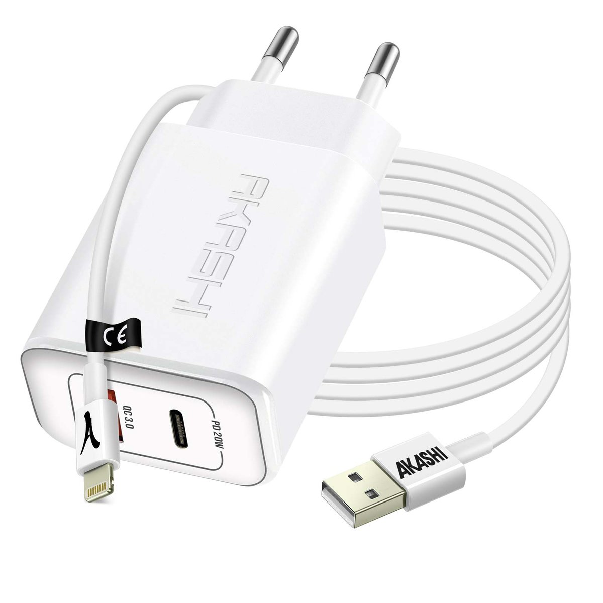 Ładowarka ścienna USB – USB-C 20W PD Q 3.0 z kablem Lightning Akashi White