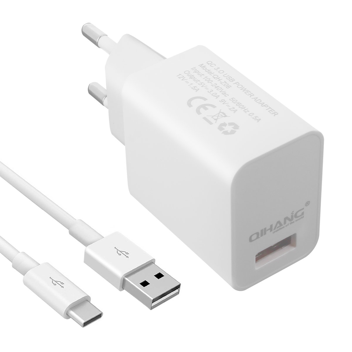 Ładowarka ścienna 3A Kabel Qualcomm Quick Charge 3.0 USB typu C (1 m) — biały