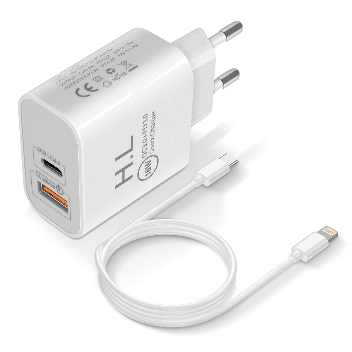 Ładowarka samochodowa USB / USB-C 18W Power Delivery Q.C 3.0 Lightning Cable Biała