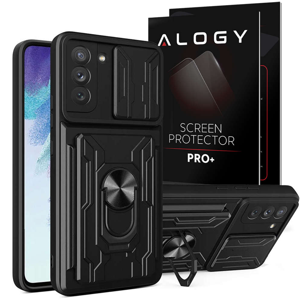 Etui Alogy Camshield Ring Wallet Case z osłonką na aparat i portfelem do Samsung Galaxy S21 FE Black + Szkło