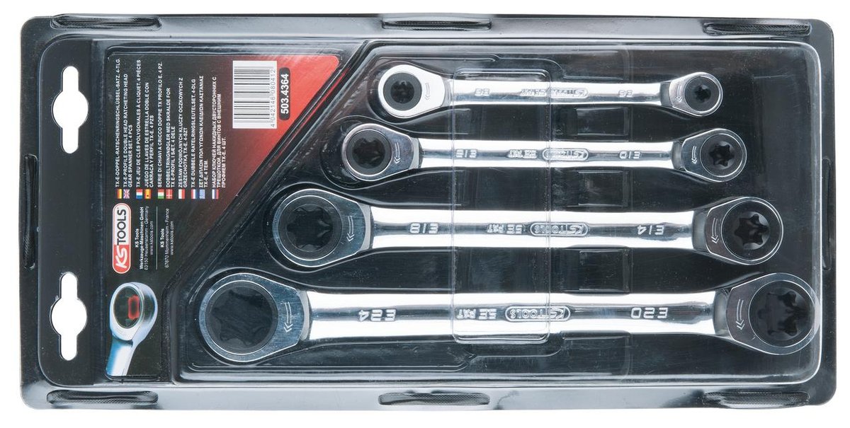 KS Tools Komplet kluczy z podwójną grzechotką pierścieniową  503.4364 Gear Plus TX-E, 4-częściowy, E6 x E8-E20 X E24 503.4364