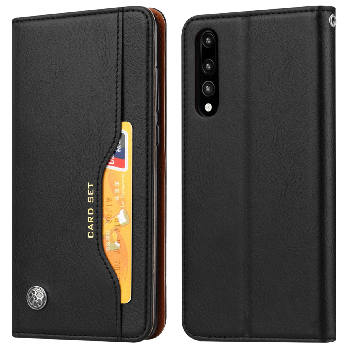 Skórzane Etui Folio do Huawei P20 Pro, Podstawka Wideo Prawdziwa Skóra Czarna